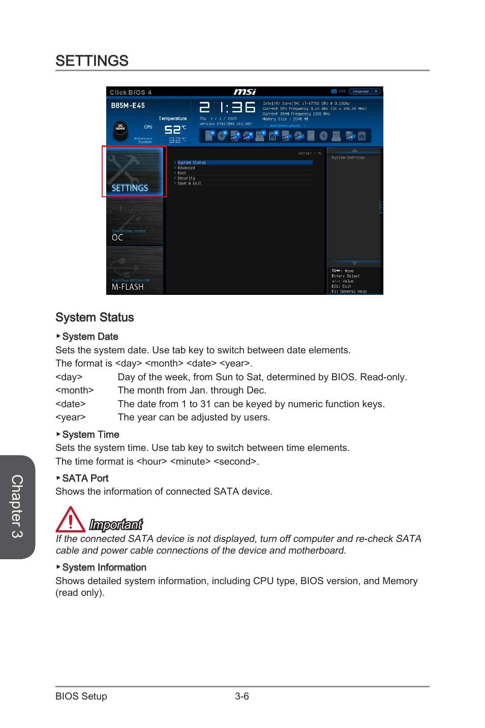Settings, System status, Settings -6 | System status -6, Chapter 3, Important | MSI CSM-B85M-E45 User Manual | Page 60 / 84