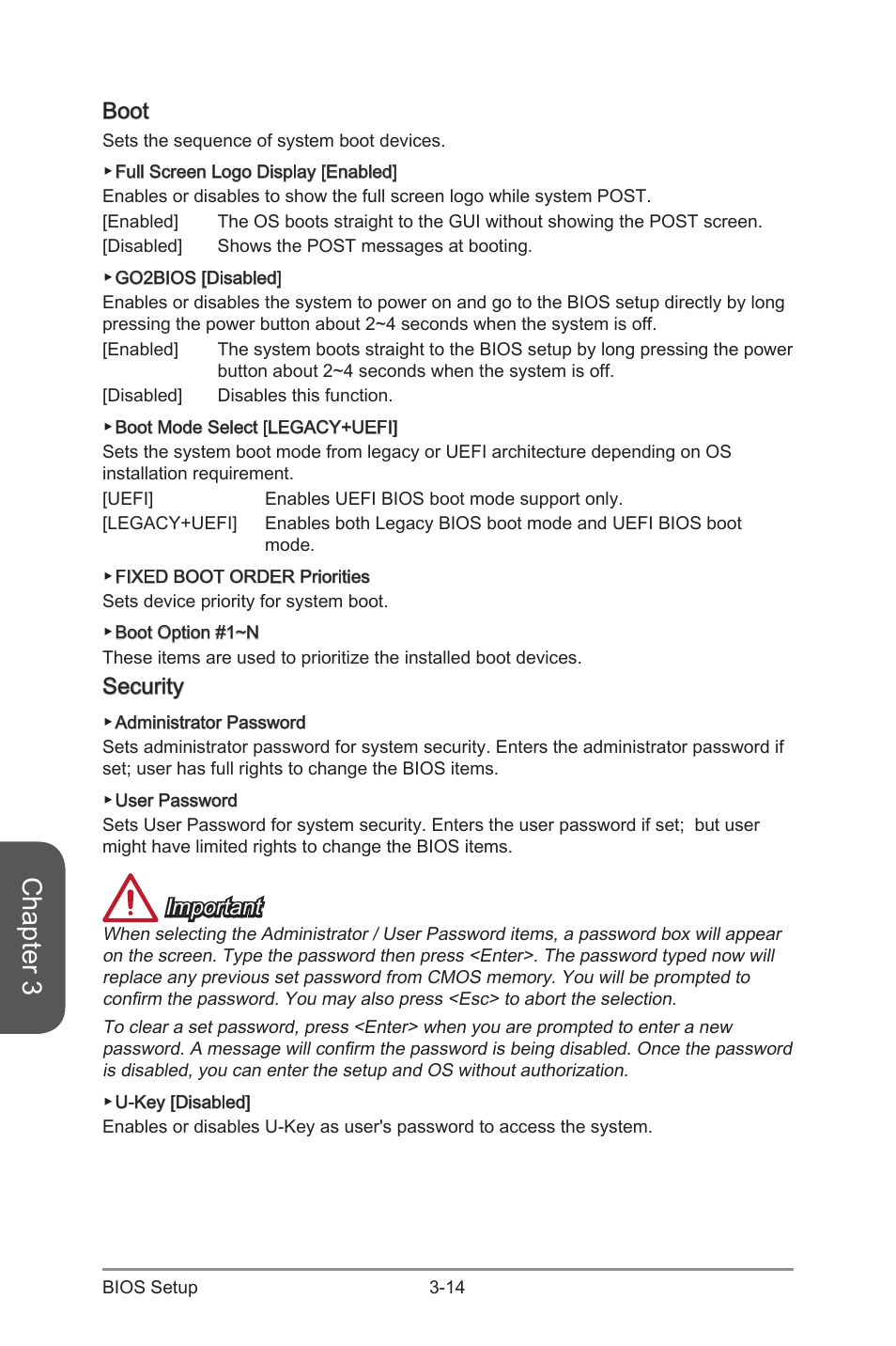 Boot, Security, Boot -14 | Security -14, Chapter 3, Important | MSI CSM-B85M-E45 User Manual | Page 68 / 84