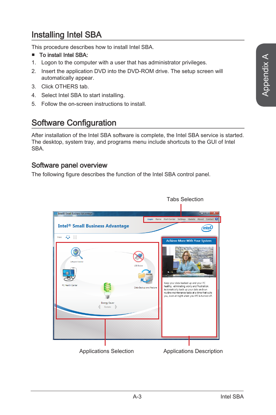 Software configuration, Software panel overview, Installing intel sba | Appendix a | MSI CSM-B85M-E45 User Manual | Page 83 / 84