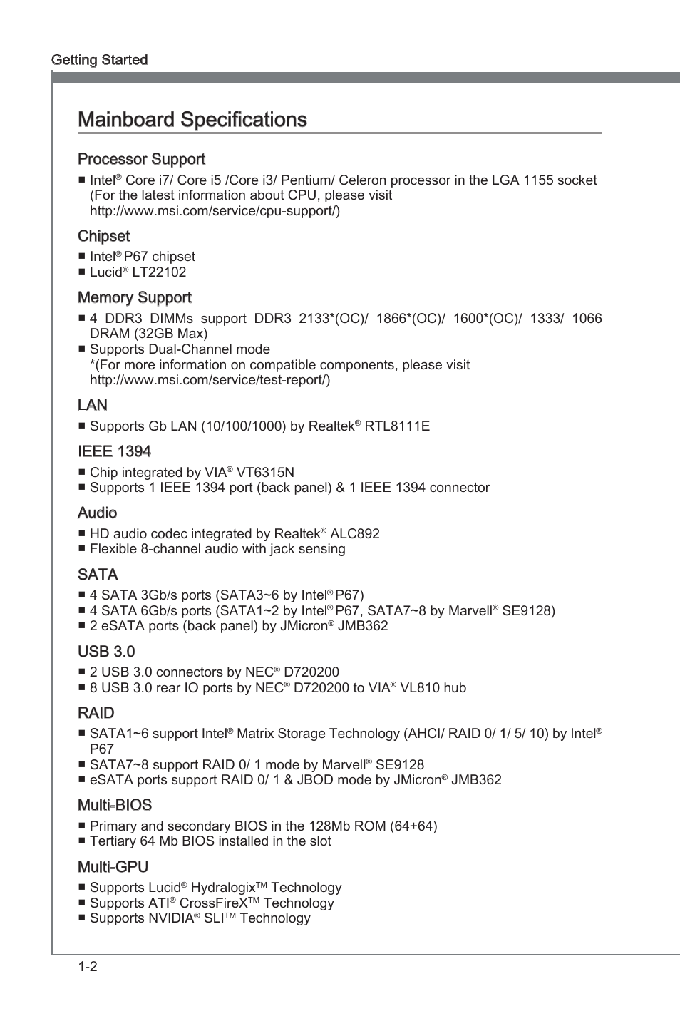 Manboard specficatons -2, Chapter 1, Chapter 1 manboard specficatons | MSI Big Bang-Marshal (B3) Manual User Manual | Page 12 / 102