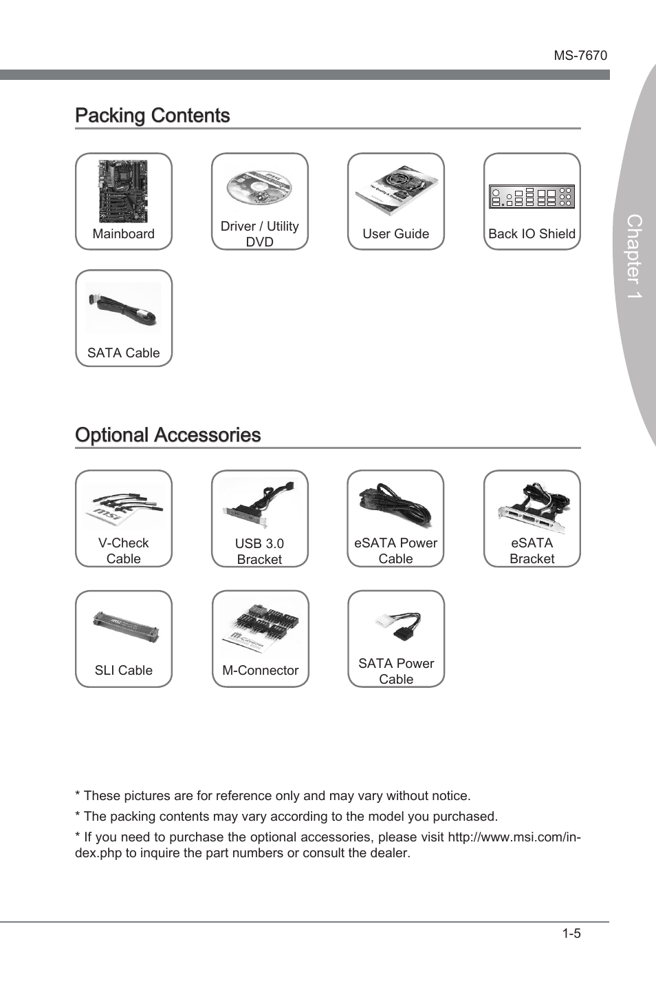 Packng contents -5 optonal accessores -5, Chapter 1, Chapter 1 packng contents | Optonal accessores | MSI Big Bang-Marshal (B3) Manual User Manual | Page 15 / 102