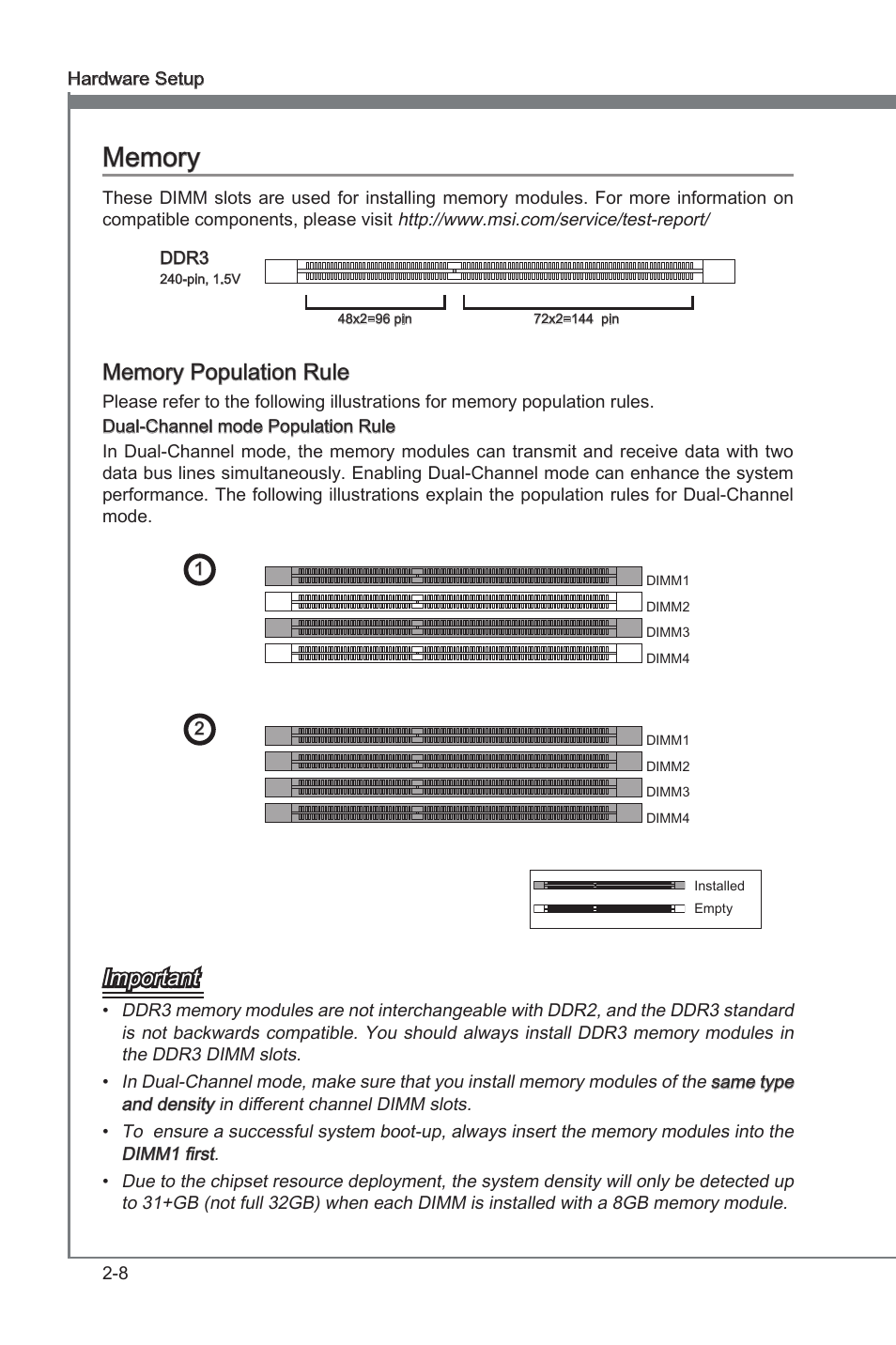 Memory -8, Chapter 2, Important | MSI Big Bang-Marshal (B3) Manual User Manual | Page 24 / 102