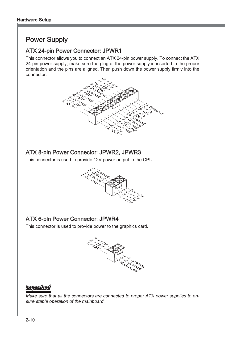 Power supply -10, Chapter 2, Chapter 2 power supply | Atx 24-pn power connector: jpwr1, Atx 8-pn power connector: jpwr2, jpwr3, Atx 6-pn power connector: jpwr4, Important | MSI Big Bang-Marshal (B3) Manual User Manual | Page 26 / 102