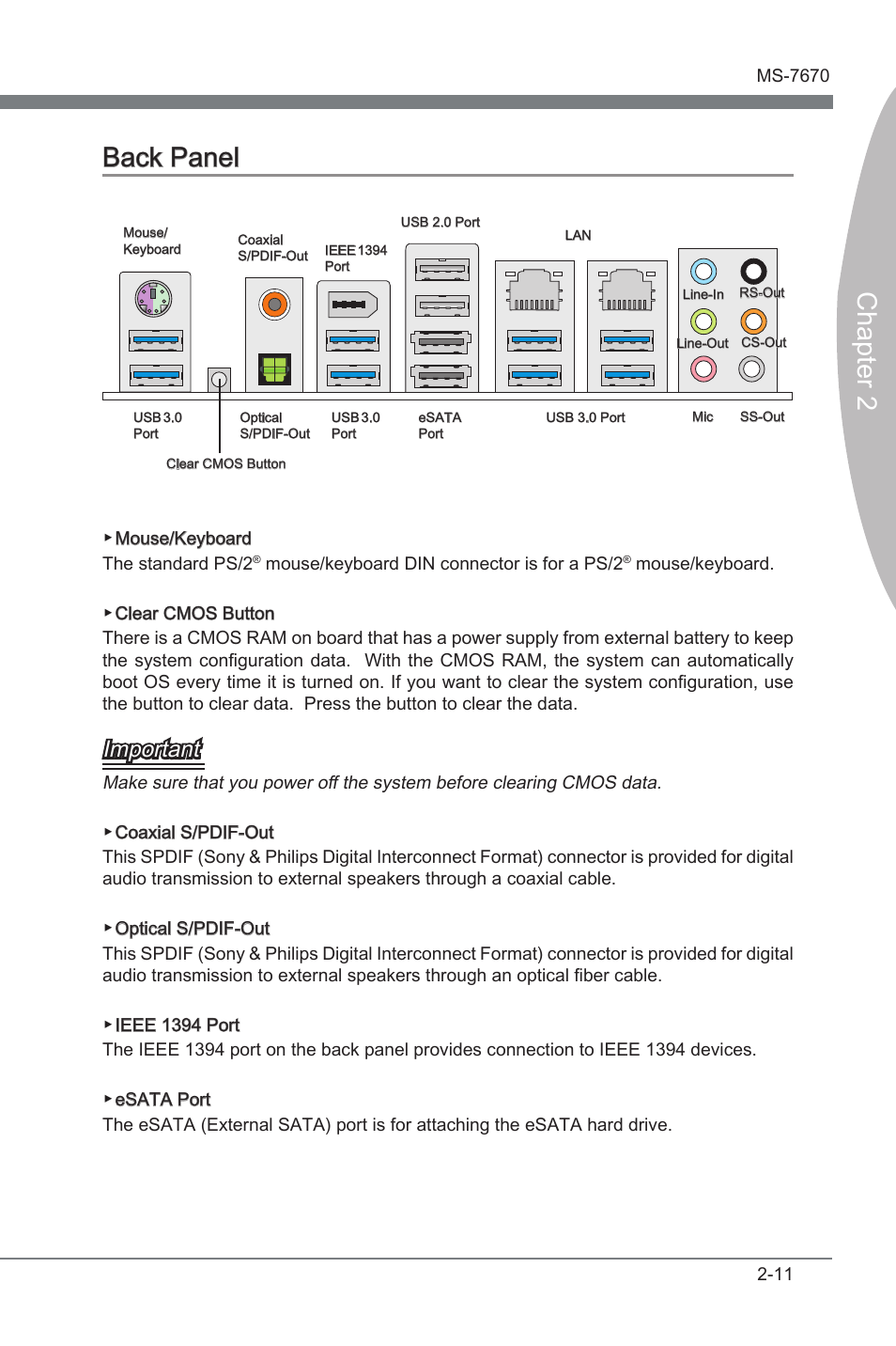 Back panel -11, Chapter 2, Chapter 2 back panel | Important | MSI Big Bang-Marshal (B3) Manual User Manual | Page 27 / 102