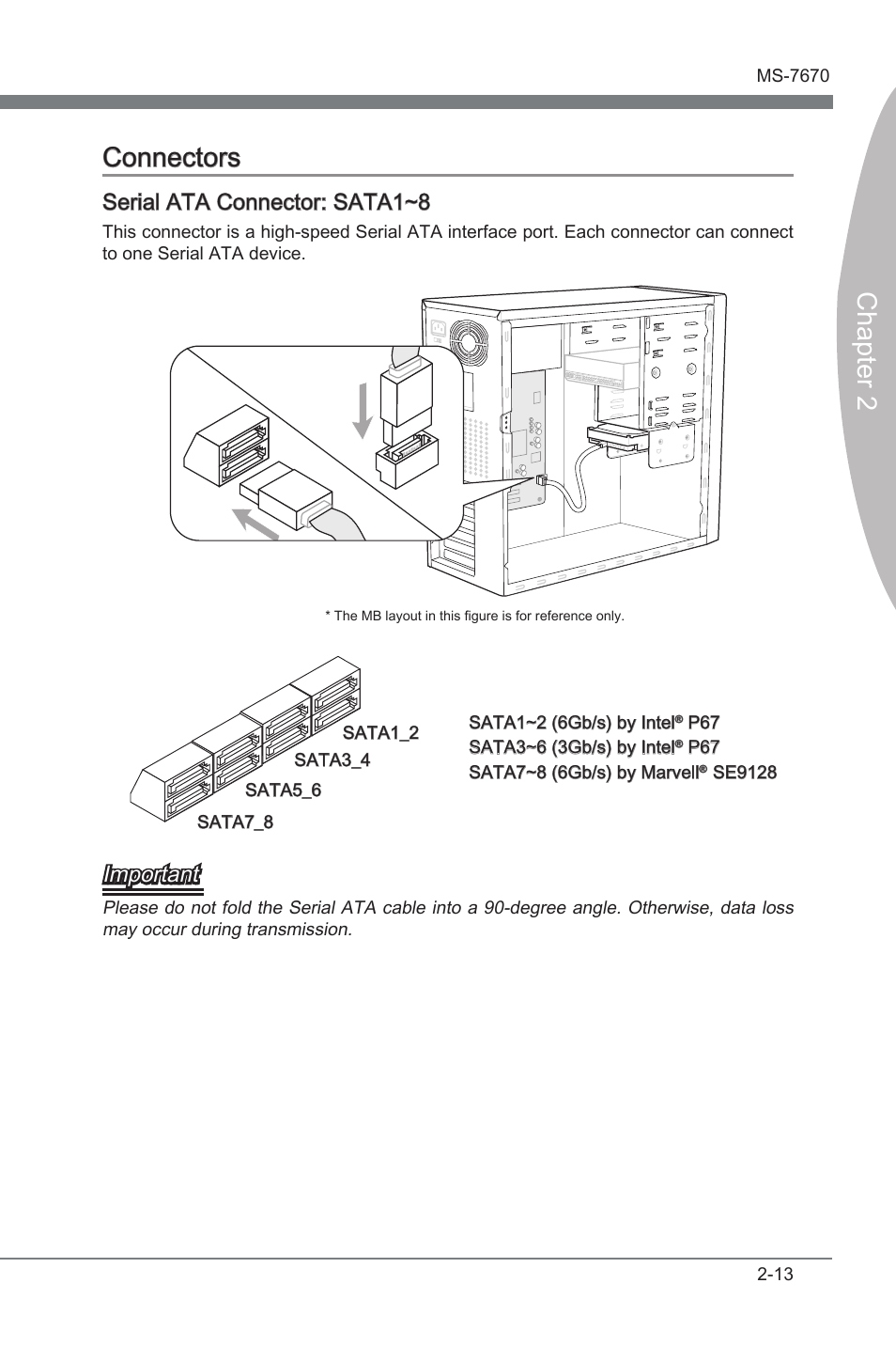 Connectors -13, Chapter 2, Chapter 2 connectors | Seral ata connector: sata1~8, Important | MSI Big Bang-Marshal (B3) Manual User Manual | Page 29 / 102