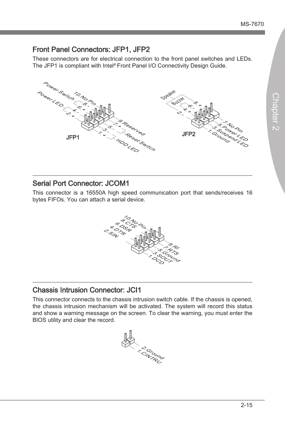 Chapter 2, Front panel connectors: jfp1, jfp2, Seral port connector: jcom1 | Chasss intruson connector: jci1 | MSI Big Bang-Marshal (B3) Manual User Manual | Page 31 / 102