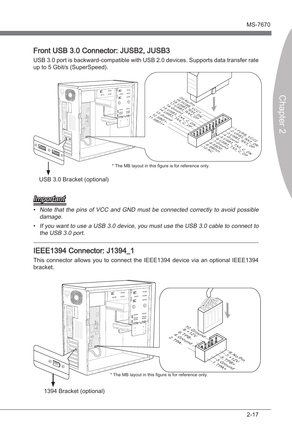 Chapter 2, Front usb 3.0 connector: jusb2, jusb3, Important | Hardware setup ms-7670, Usb 3.0 bracket (optonal), 1394 bracket (optonal) | MSI Big Bang-Marshal (B3) Manual User Manual | Page 33 / 102