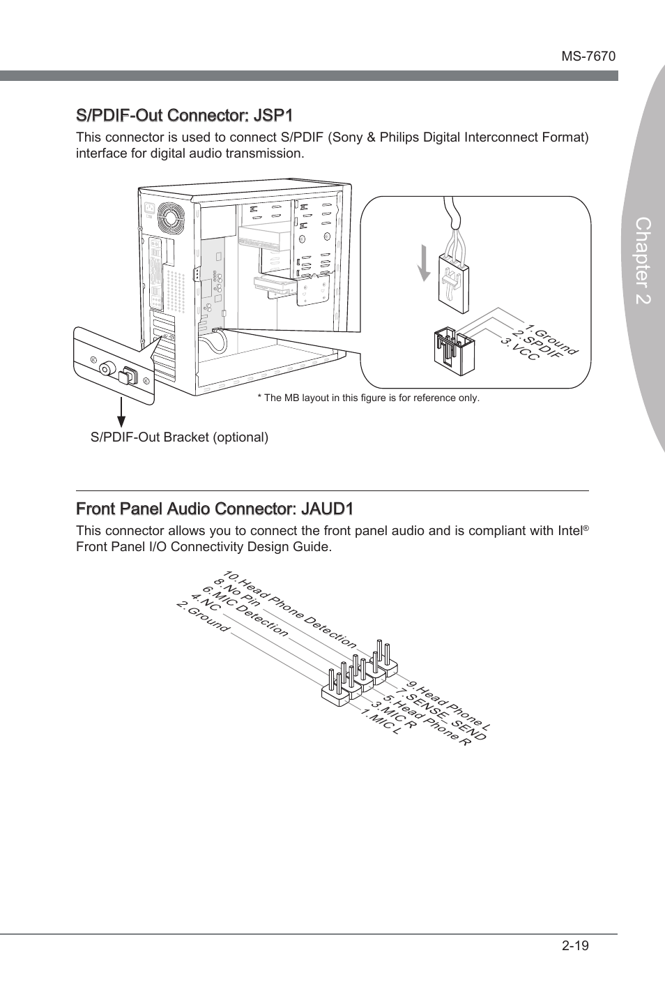 Chapter 2, S/pdif-out connector: jsp1, Front panel audo connector: jaud1 | MSI Big Bang-Marshal (B3) Manual User Manual | Page 35 / 102