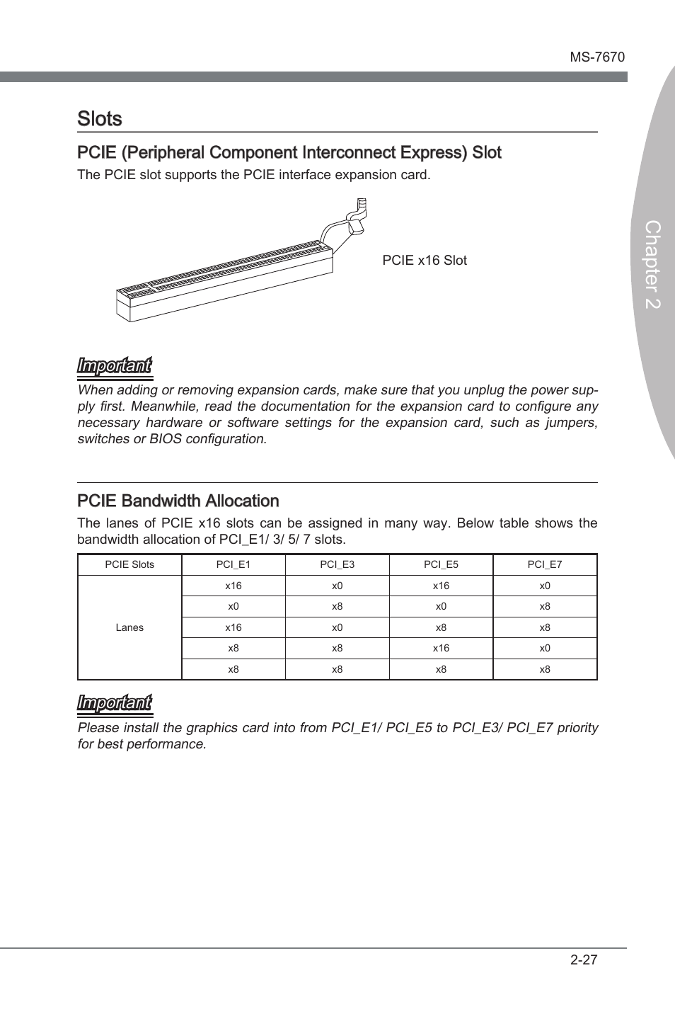 Slots -27, Chapter 2, Chapter 2 slots | Important, Pcie bandwdth allocaton | MSI Big Bang-Marshal (B3) Manual User Manual | Page 43 / 102