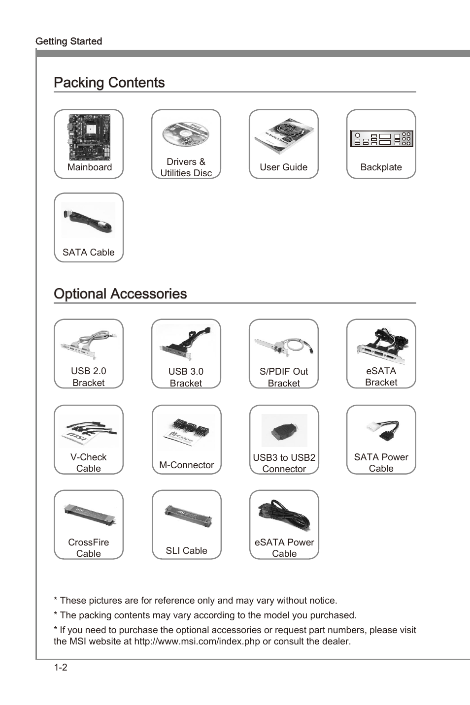 Packng contents -2 optonal accessores -2, Packng contents, Optonal accessores | MSI A55M-P35 User Manual | Page 12 / 72