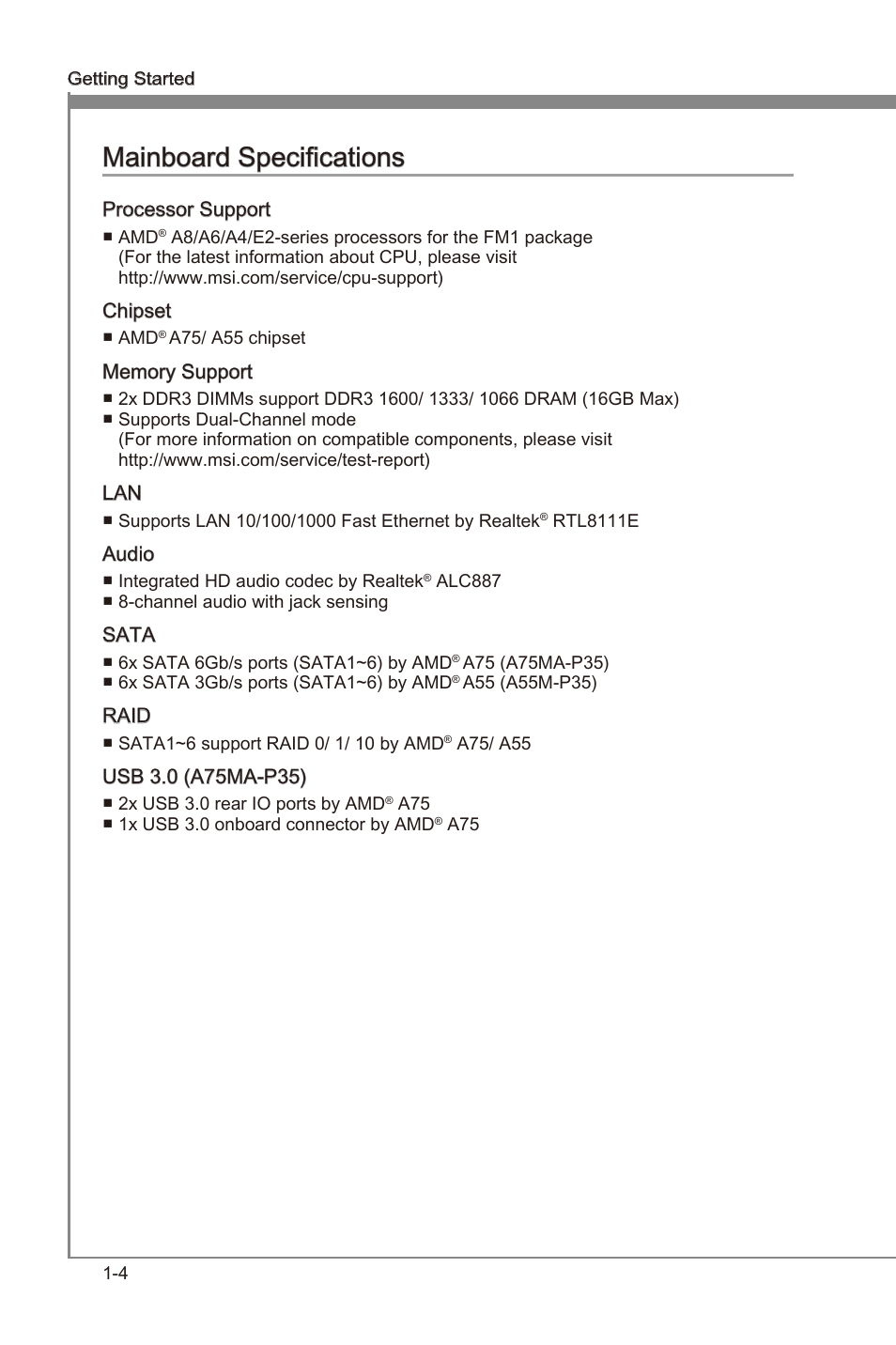 Manboard specficatons -4, Manboard specficatons | MSI A55M-P35 User Manual | Page 14 / 72