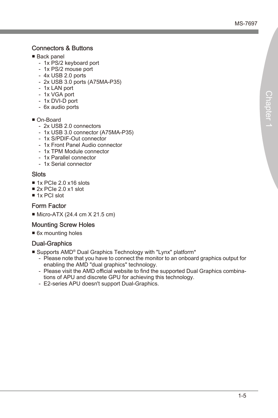 Chapter 1 | MSI A55M-P35 User Manual | Page 15 / 72