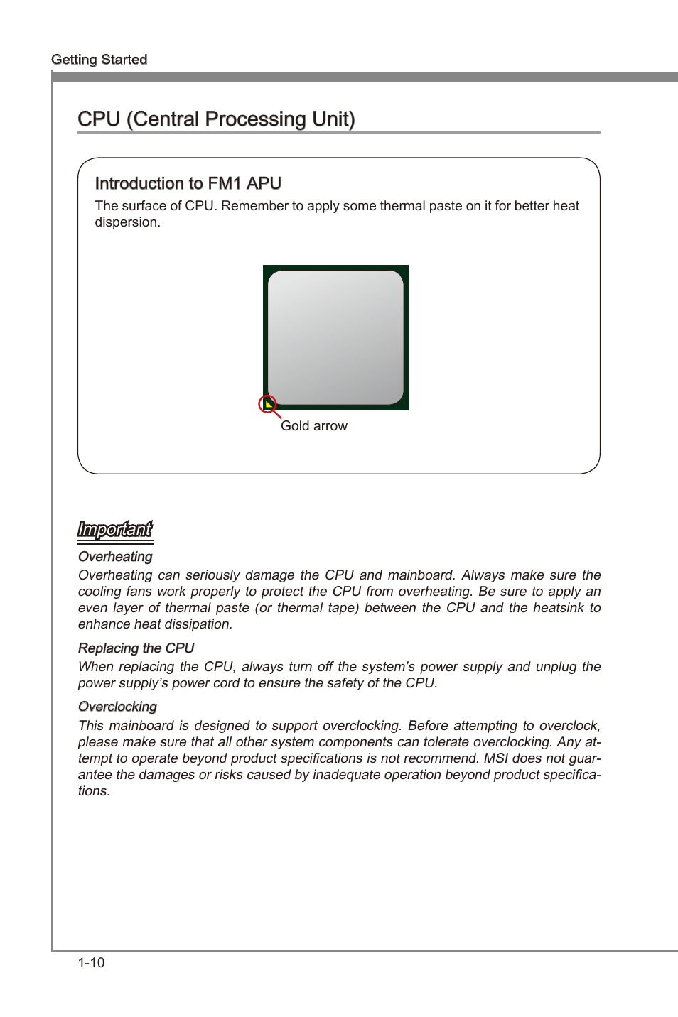 Cpu (central processng unt) -10, Fm1 apu socket, Cpu (central processng unt) | Important, Introducton to fm1 apu | MSI A55M-P35 User Manual | Page 20 / 72