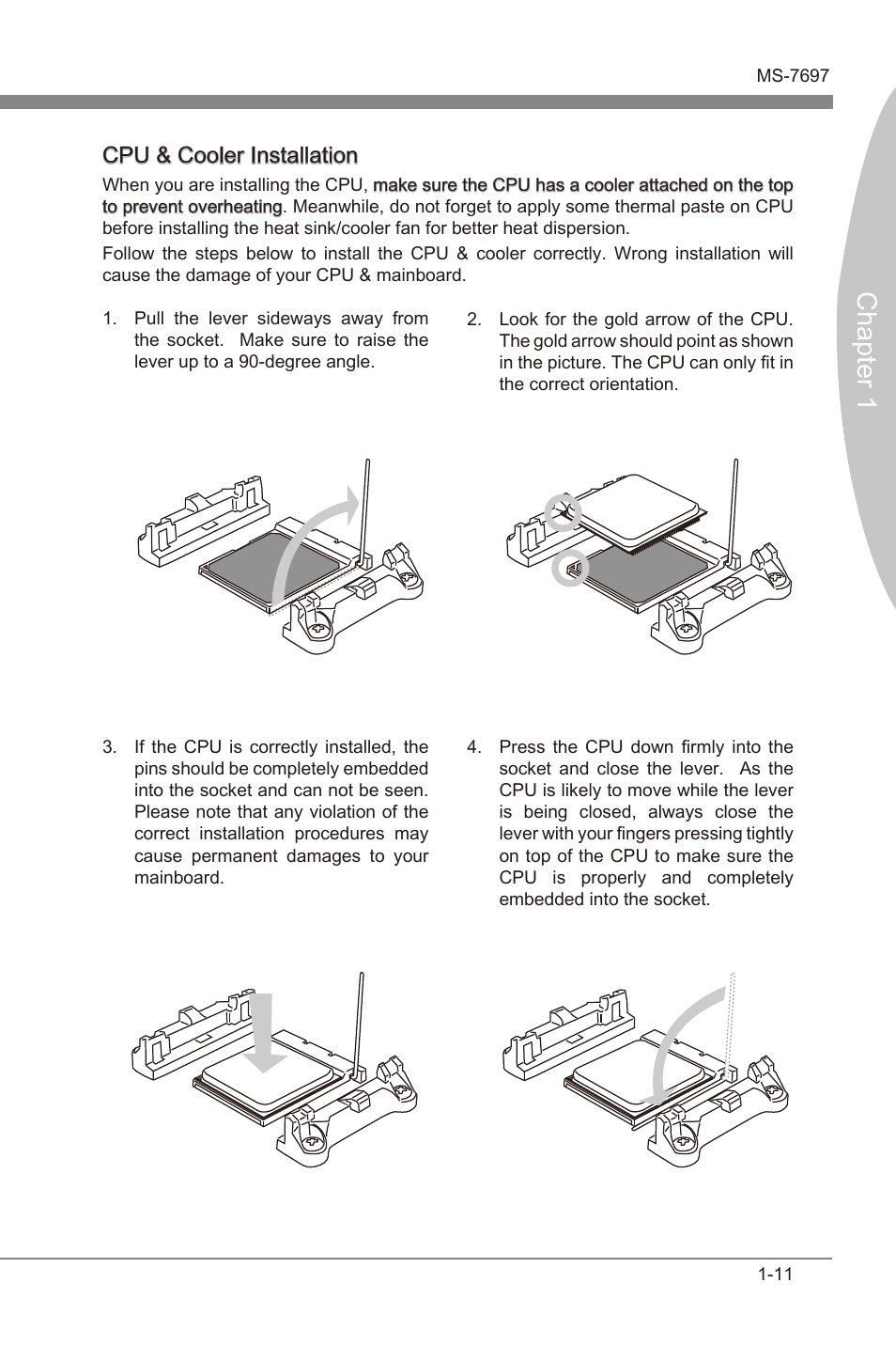 Chapter 1, Cpu & cooler installaton | MSI A55M-P35 User Manual | Page 21 / 72