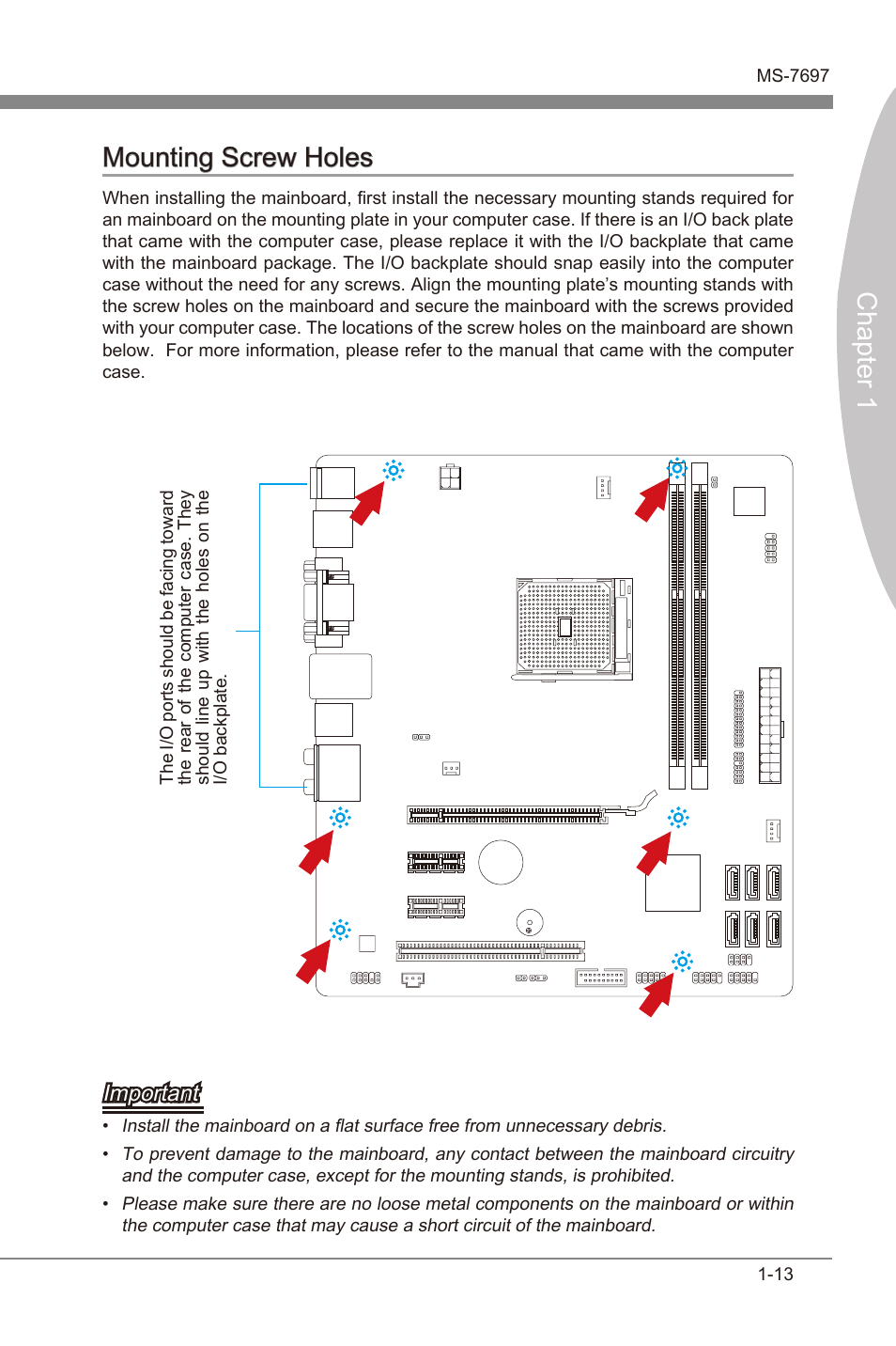 Mountng screw holes -13, Chapter 1 mountng screw holes, Important | MSI A55M-P35 User Manual | Page 23 / 72