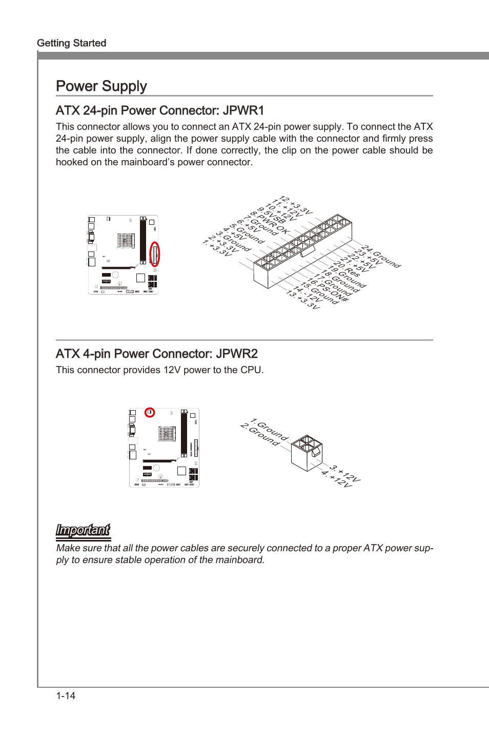 Power supply -14, Atx 24-pn power connector, Jpwr1 | Atx 4-pn power connector, Jpwr2, Power supply, Atx 24-pn power connector: jpwr1, Atx 4-pn power connector: jpwr2, Important | MSI A55M-P35 User Manual | Page 24 / 72