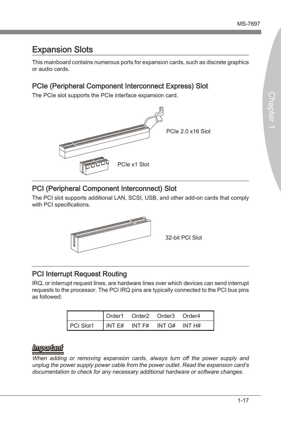 Expanson slots -17, Pci expanson slot, Pci1 | Chapter 1 expanson slots, Pci (perpheral component interconnect) slot, Pci interrupt request routng, Important | MSI A55M-P35 User Manual | Page 27 / 72