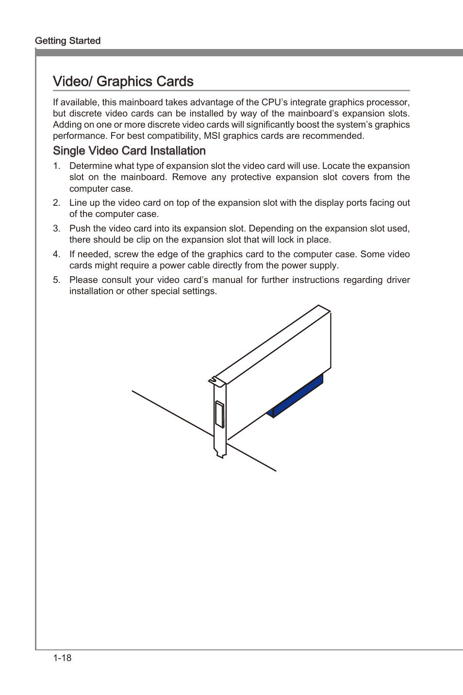 Vdeo/ graphcs cards -18, Vdeo/ graphcs cards, Sngle vdeo card installaton | MSI A55M-P35 User Manual | Page 28 / 72