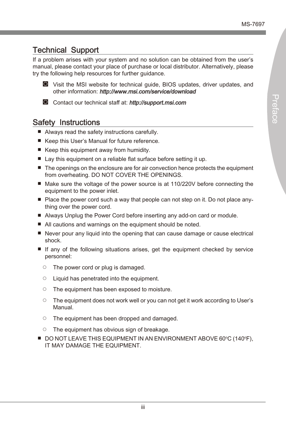 Preface, Techncal support, Safety instructons | MSI A55M-P35 User Manual | Page 3 / 72