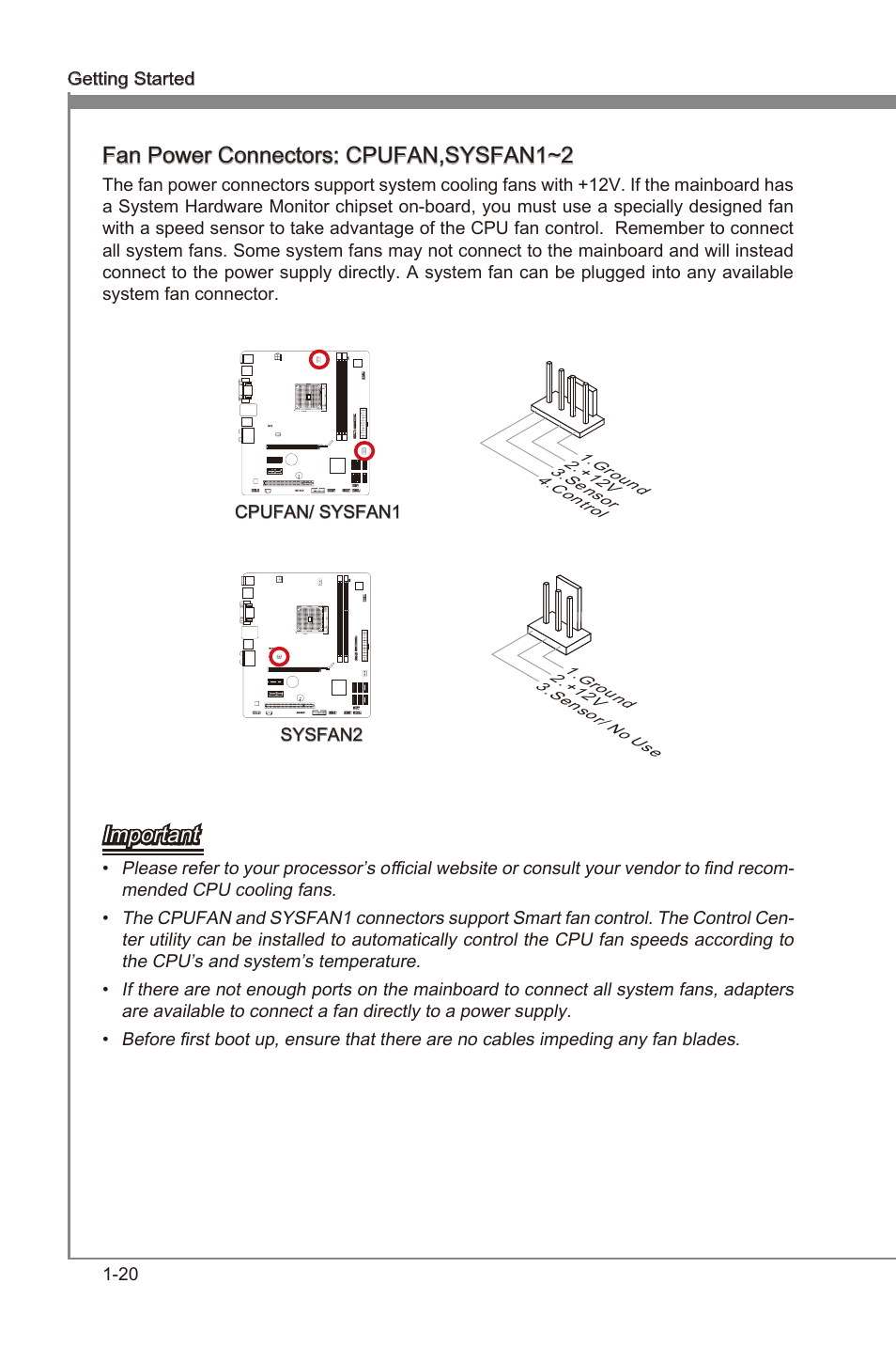 Cpufan, Fan power connectors: cpufan,sysfan1~2, Important | MSI A55M-P35 User Manual | Page 30 / 72