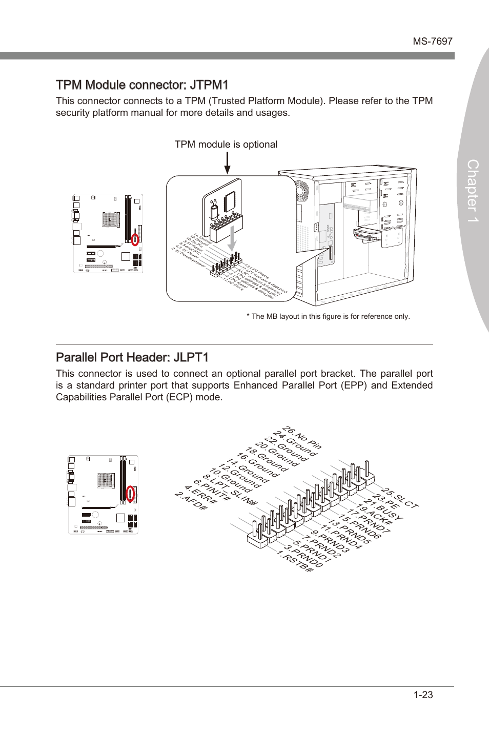 Tpm module connector, Jtpm1, Parallel port header | Jlpt1, Chapter 1, Tpm module connector: jtpm1, Parallel port header: jlpt1, Tpm module s optonal | MSI A55M-P35 User Manual | Page 33 / 72