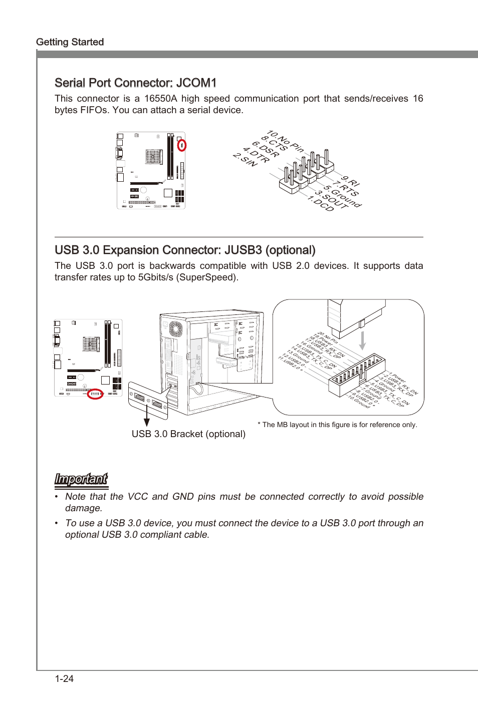 Seral port connector, Jcom1, Usb 3.0 expanson connector | Jusb3, Seral port connector: jcom1, Usb 3.0 expanson connector: jusb3 (optonal), Important, 24 gettng started, Usb 3.0 bracket (optonal) | MSI A55M-P35 User Manual | Page 34 / 72