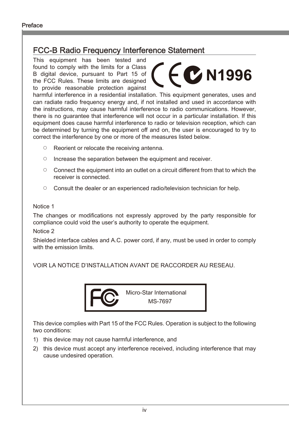 Preface, Fcc-b rado frequency interference statement | MSI A55M-P35 User Manual | Page 4 / 72