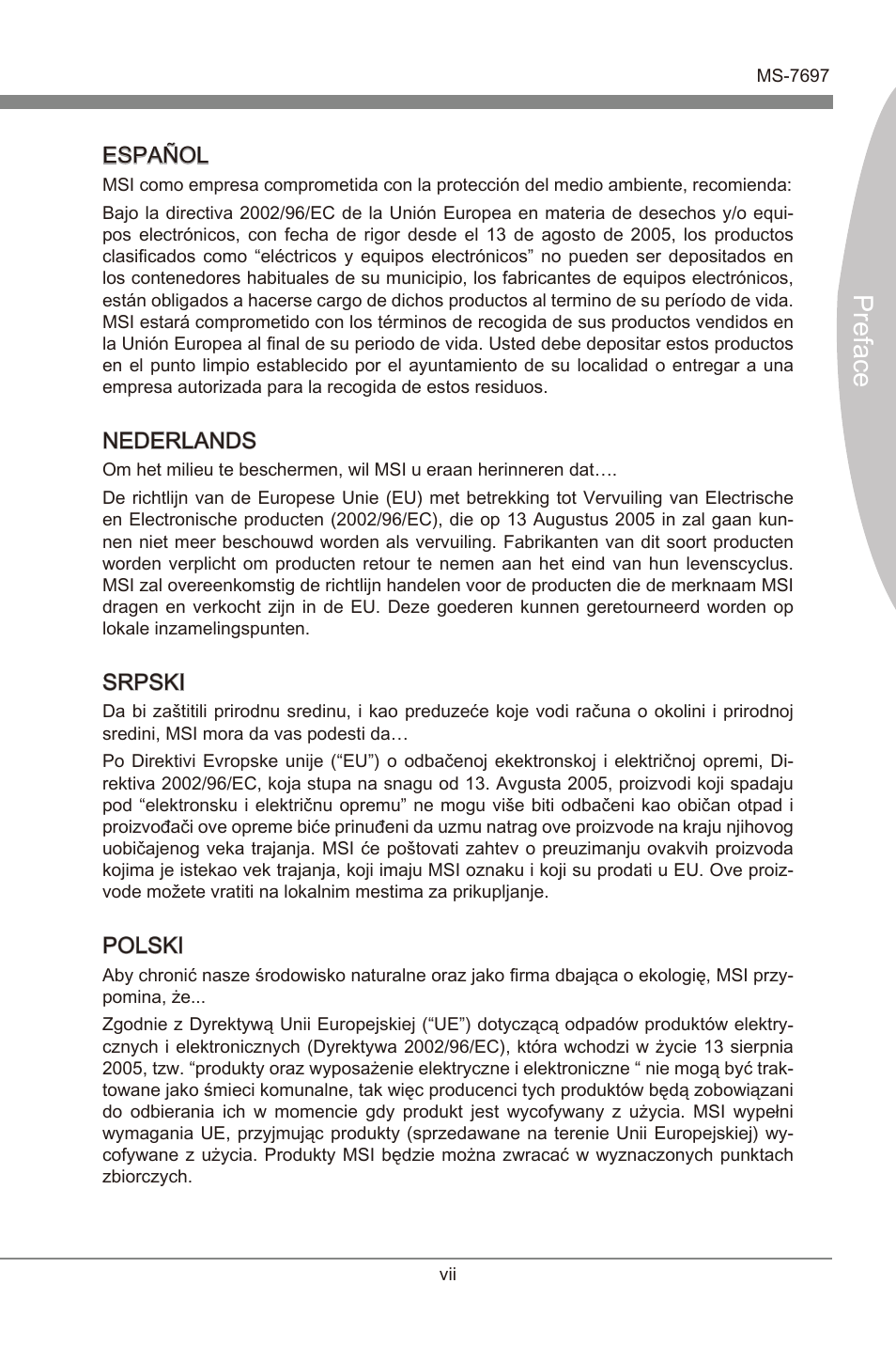 Preface, Español, Nederlands | Srpski, Polski | MSI A55M-P35 User Manual | Page 7 / 72