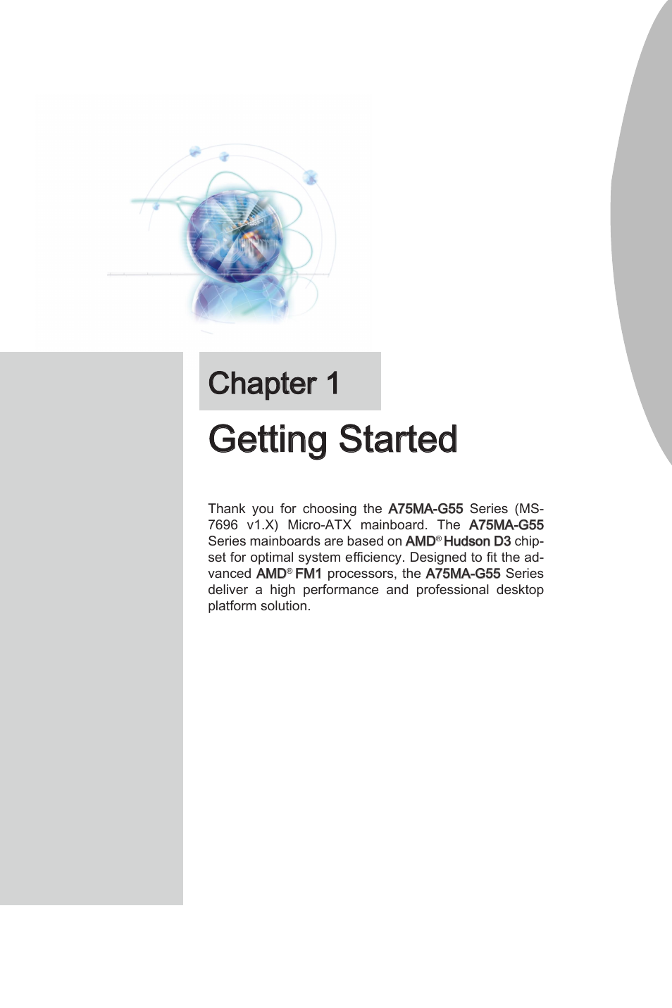 Chapter 1 gettng started -1, Gettng started, Chapter 1 | MSI A75MA-G55 User Manual | Page 11 / 72