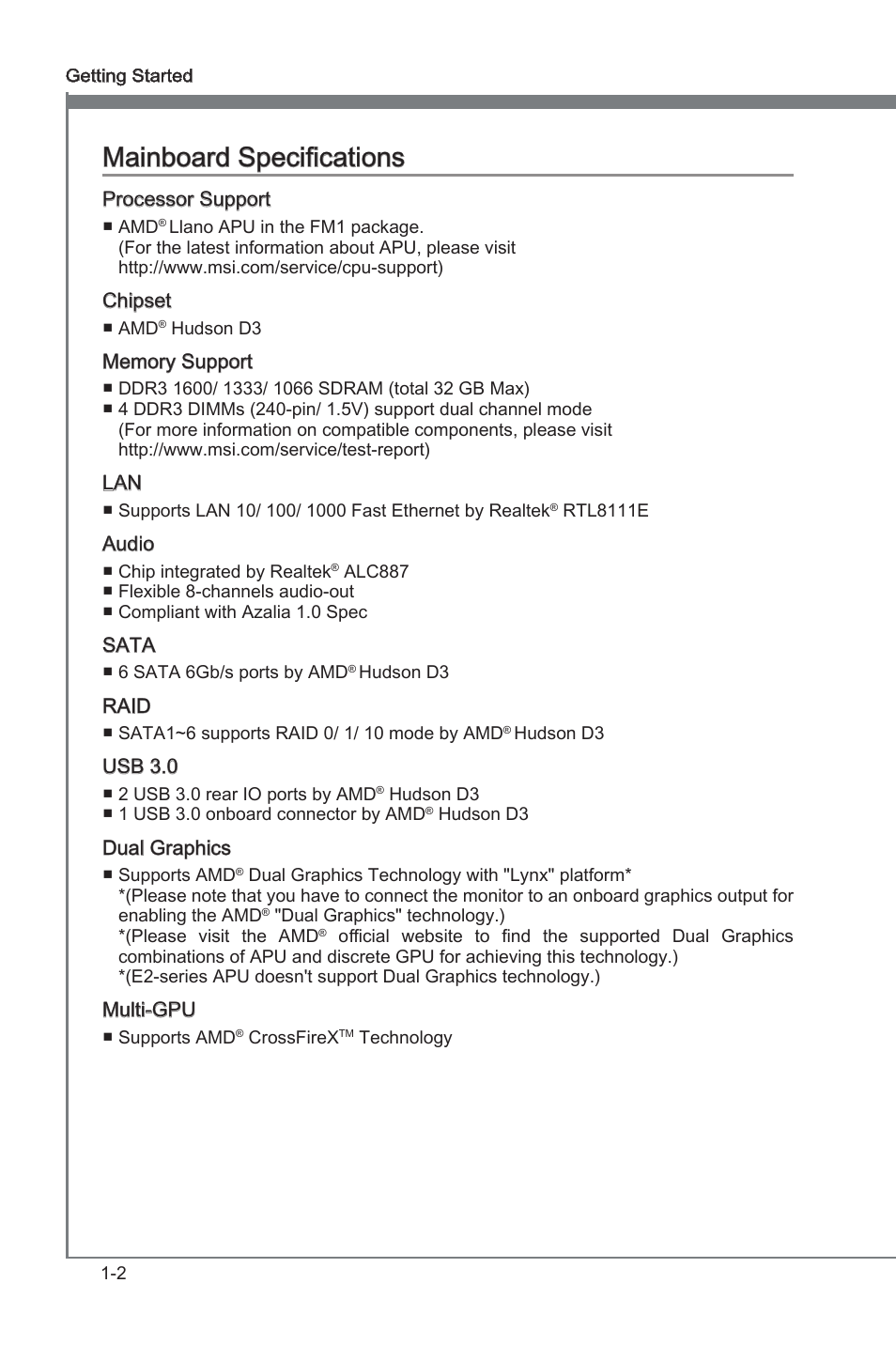 Manboard specficatons -2, Manboard specficatons | MSI A75MA-G55 User Manual | Page 12 / 72