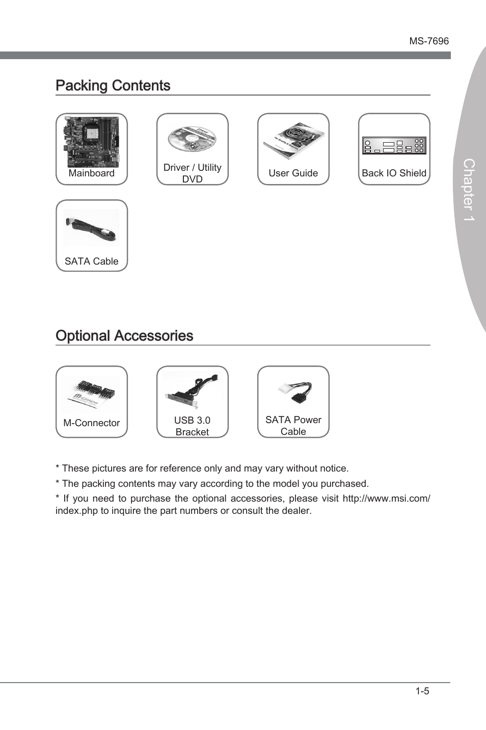 Packng contents -5 optonal accessores -5, Chapter 1 packng contents, Optonal accessores | MSI A75MA-G55 User Manual | Page 15 / 72