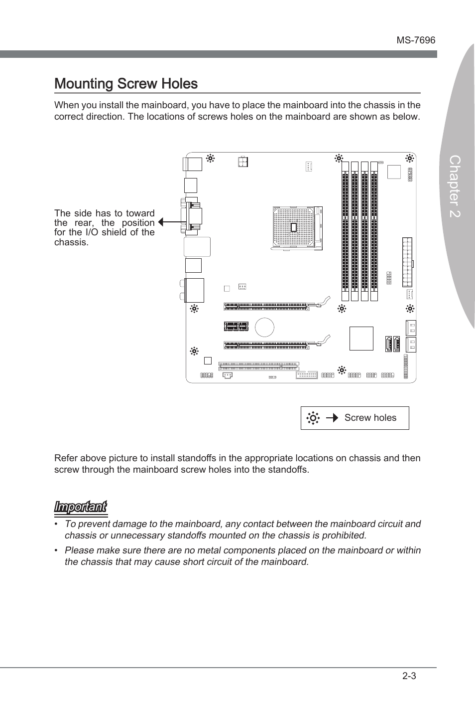 Mountng screw holes -3, Chapter 2 mountng screw holes, Important | MSI A75MA-G55 User Manual | Page 19 / 72