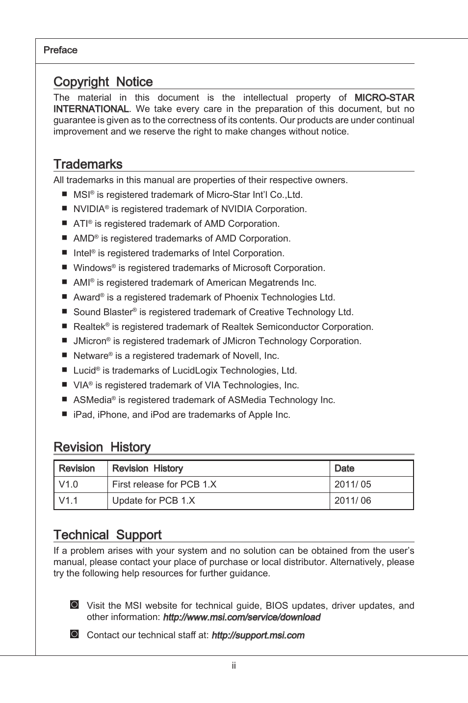 Copyrght notce, Trademarks, Revson hstory | Techncal support | MSI A75MA-G55 User Manual | Page 2 / 72