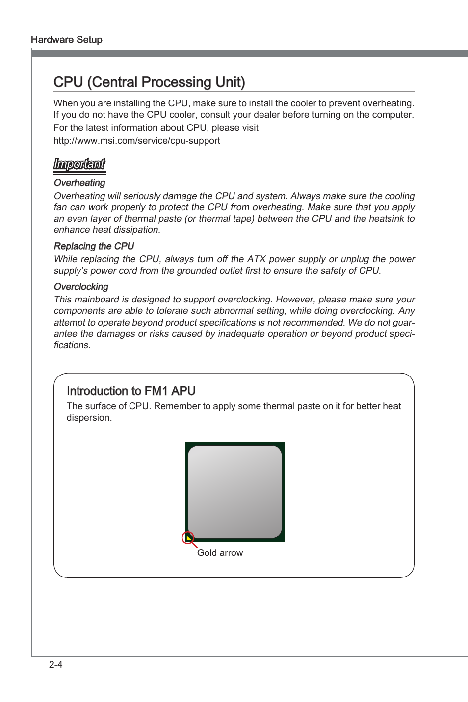 Cpu (central processng unt) -4, Cpu (central processng unt), Important | Introducton to fm1 apu | MSI A75MA-G55 User Manual | Page 20 / 72