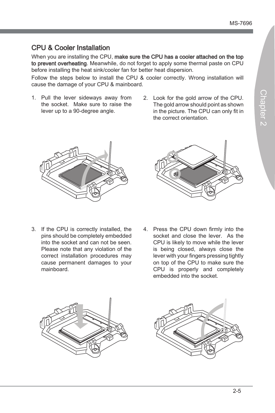 Chapter 2, Cpu & cooler installaton | MSI A75MA-G55 User Manual | Page 21 / 72