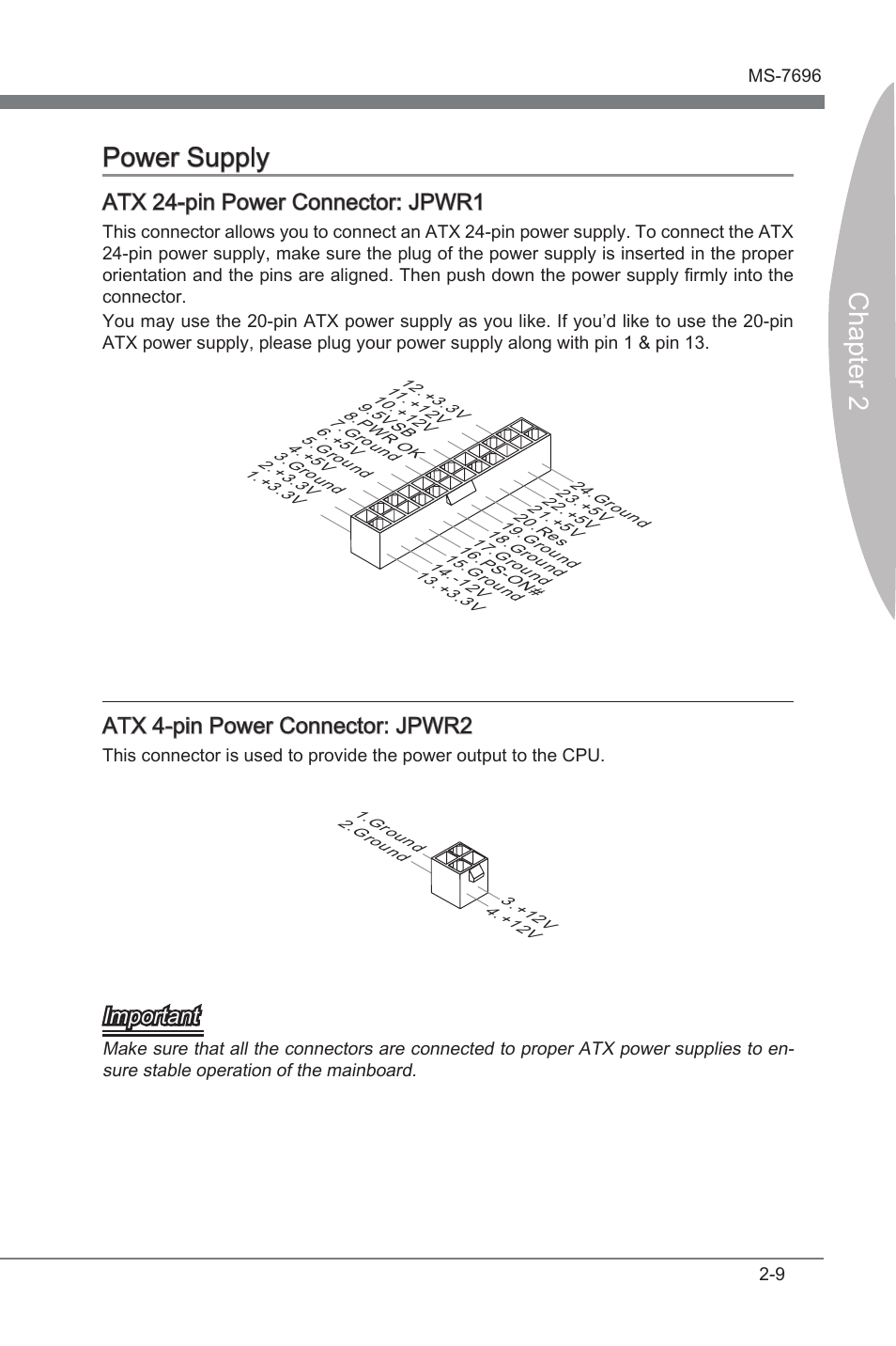 Power supply -9, Chapter 2 power supply, Atx 24-pn power connector: jpwr1 | Atx 4-pn power connector: jpwr2, Important | MSI A75MA-G55 User Manual | Page 25 / 72