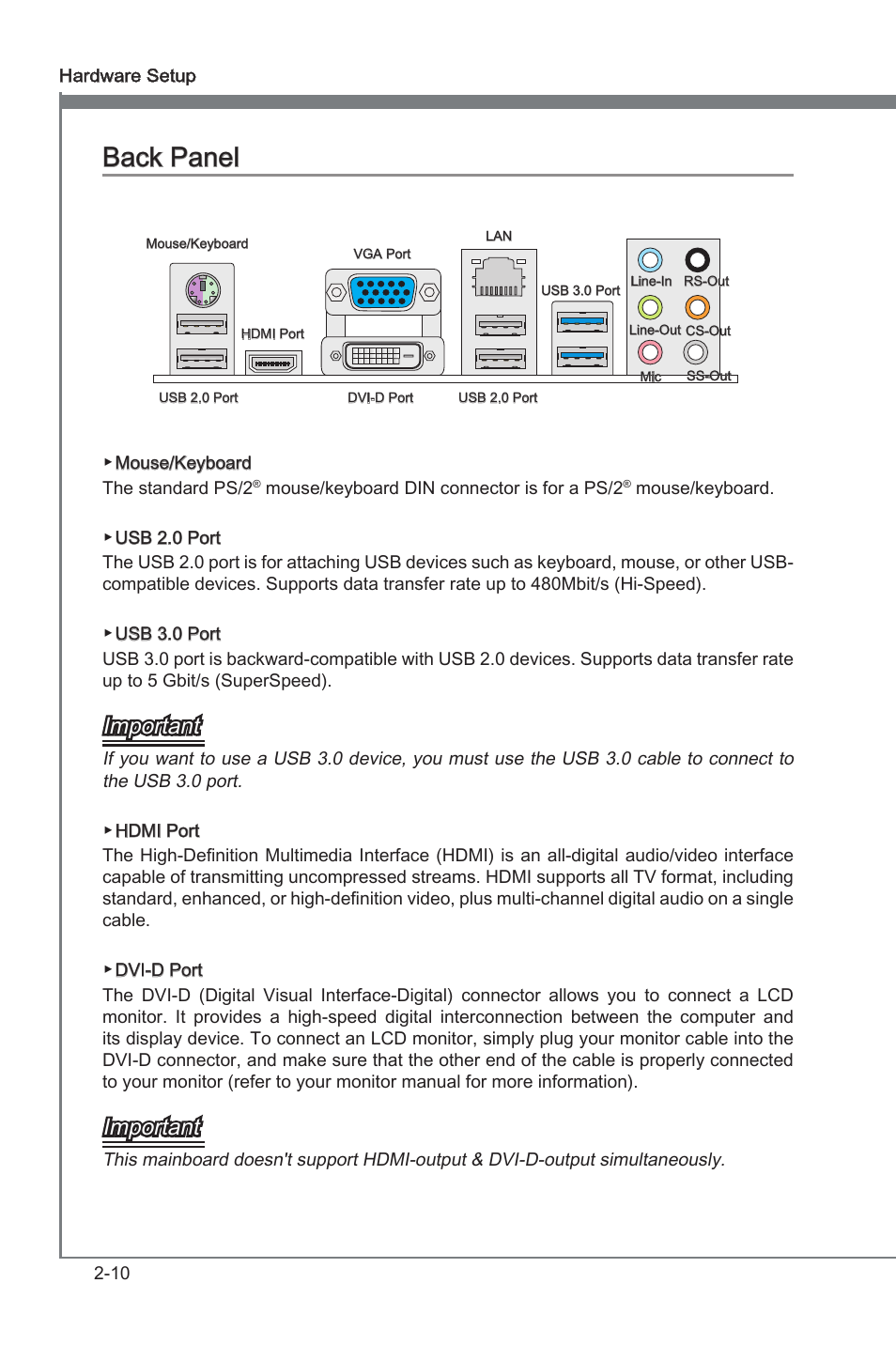 Back panel -10, Back panel, Important | MSI A75MA-G55 User Manual | Page 26 / 72