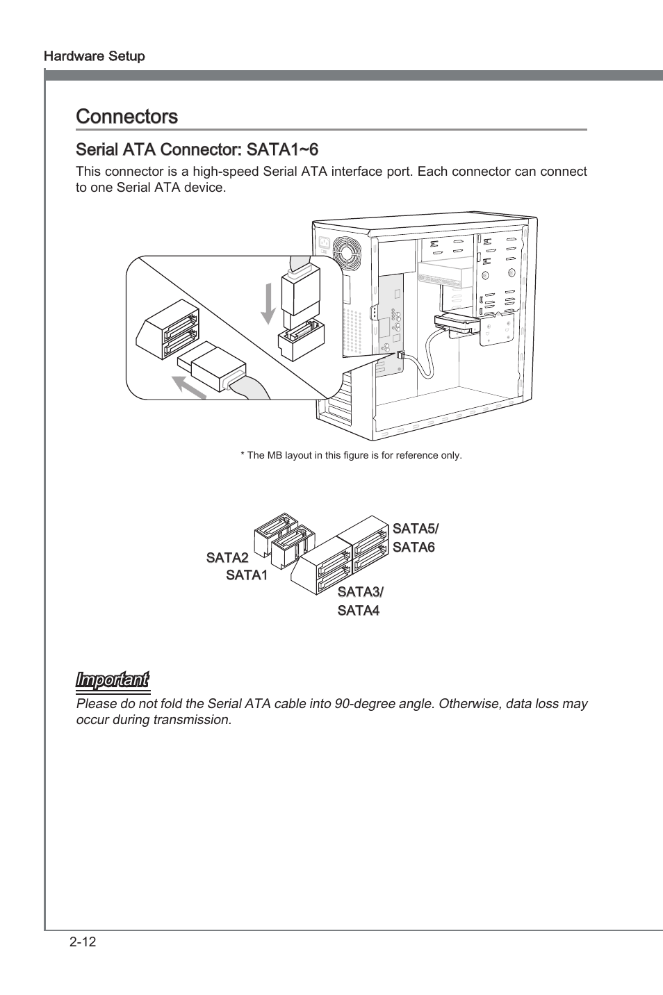 Connectors -12, Connectors, Seral ata connector: sata1~6 | Important | MSI A75MA-G55 User Manual | Page 28 / 72