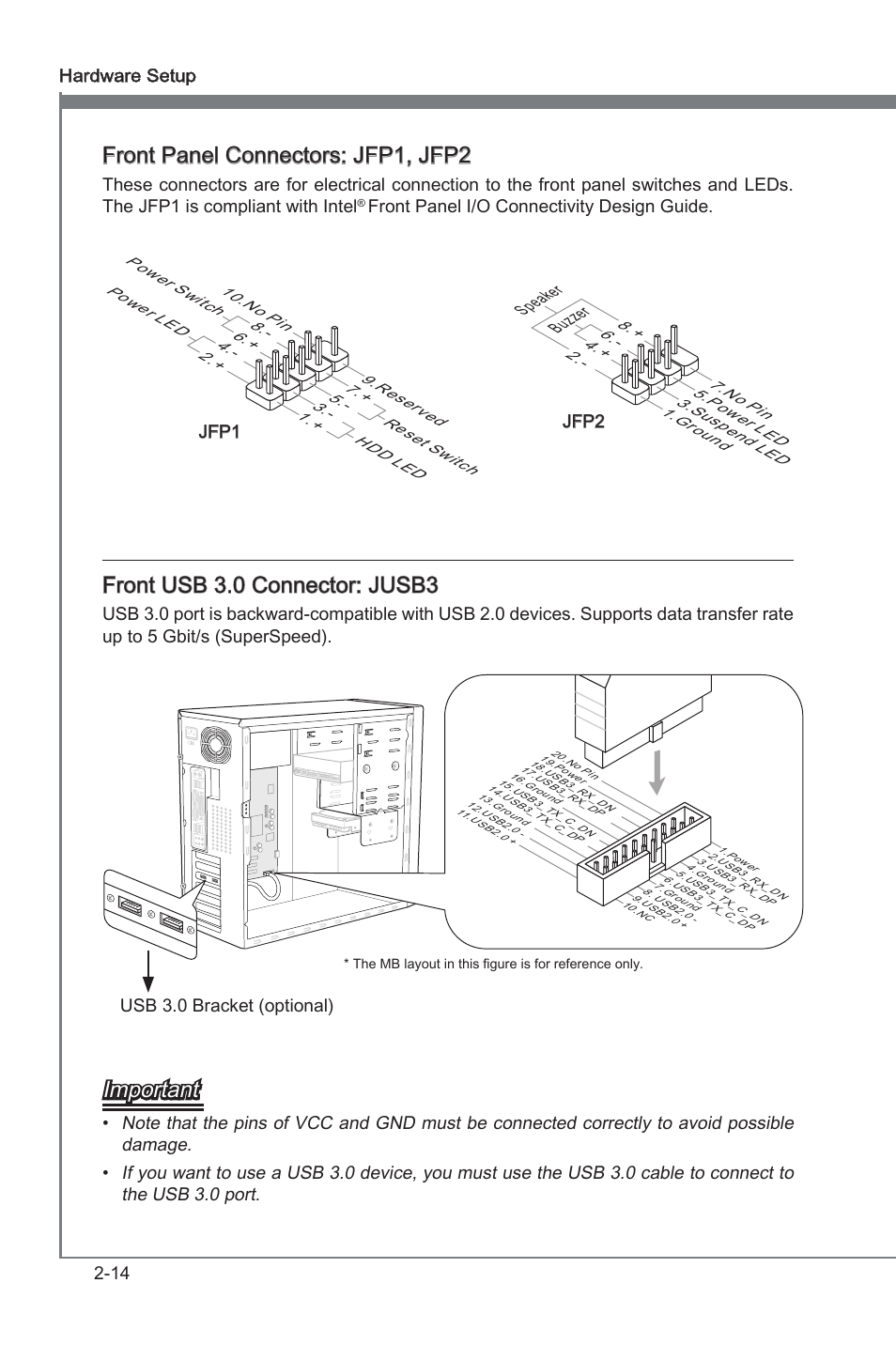 Front panel connectors: jfp1, jfp2, Front usb 3.0 connector: jusb3, Important | 14 hardware setup, Front panel i/o connectvty desgn gude, Buzz er spea ker, Jfp1 jfp2, Usb 3.0 bracket (optonal) | MSI A75MA-G55 User Manual | Page 30 / 72