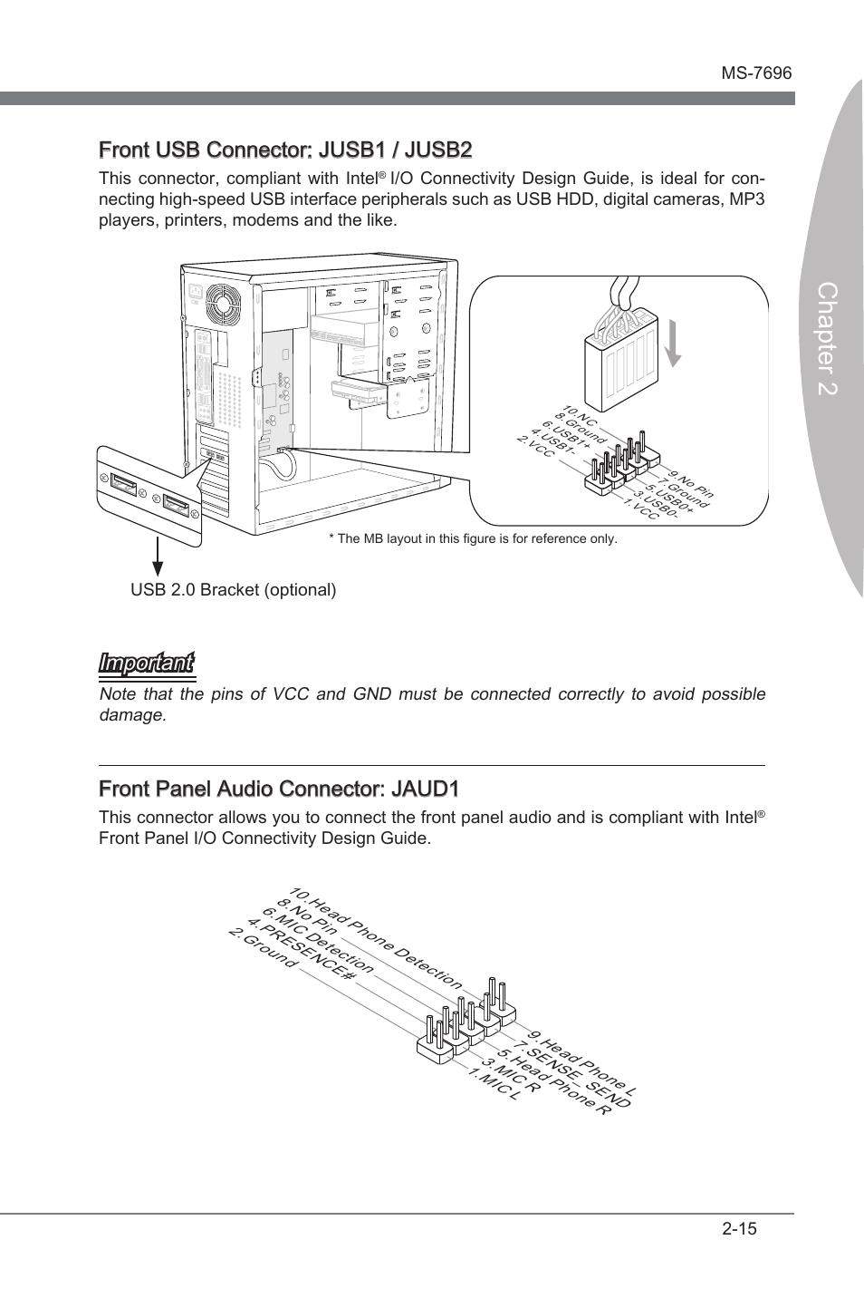 Chapter 2, Front usb connector: jusb1 / jusb2, Important | Front panel audo connector: jaud1 | MSI A75MA-G55 User Manual | Page 31 / 72