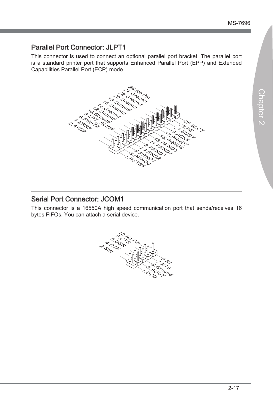 Chapter 2, Parallel port connector: jlpt1, Seral port connector: jcom1 | MSI A75MA-G55 User Manual | Page 33 / 72