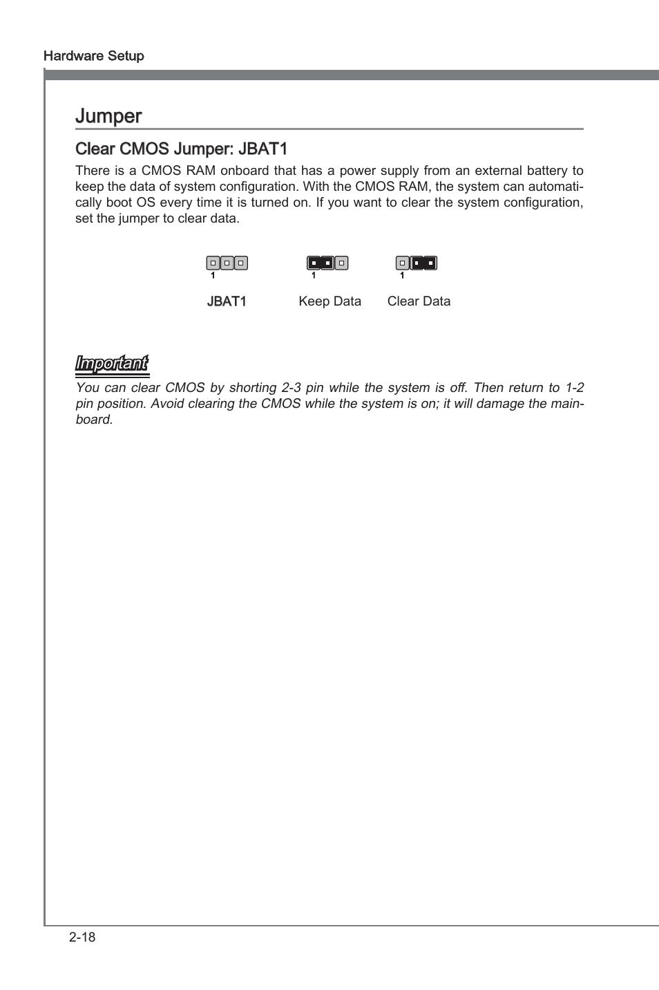 Jumper -18, Jumper, Clear cmos jumper: jbat1 | Important | MSI A75MA-G55 User Manual | Page 34 / 72