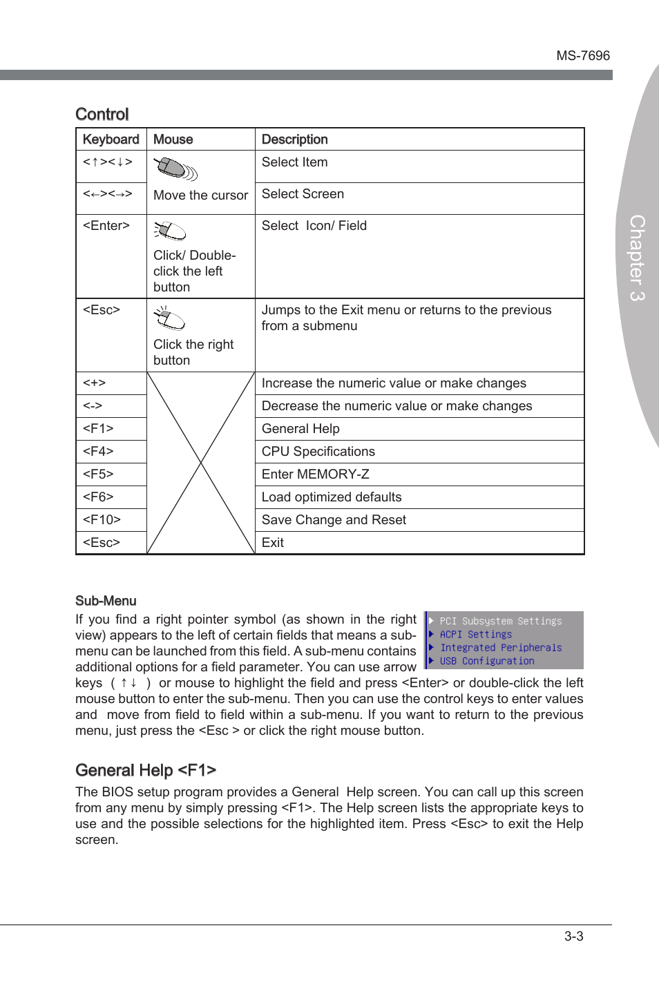 Chapter 3, Control, General help <f1 | MSI A75MA-G55 User Manual | Page 39 / 72