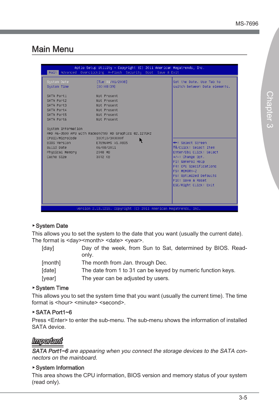 Man menu -5, Chapter 3, Chapter 3 man menu | Important | MSI A75MA-G55 User Manual | Page 41 / 72