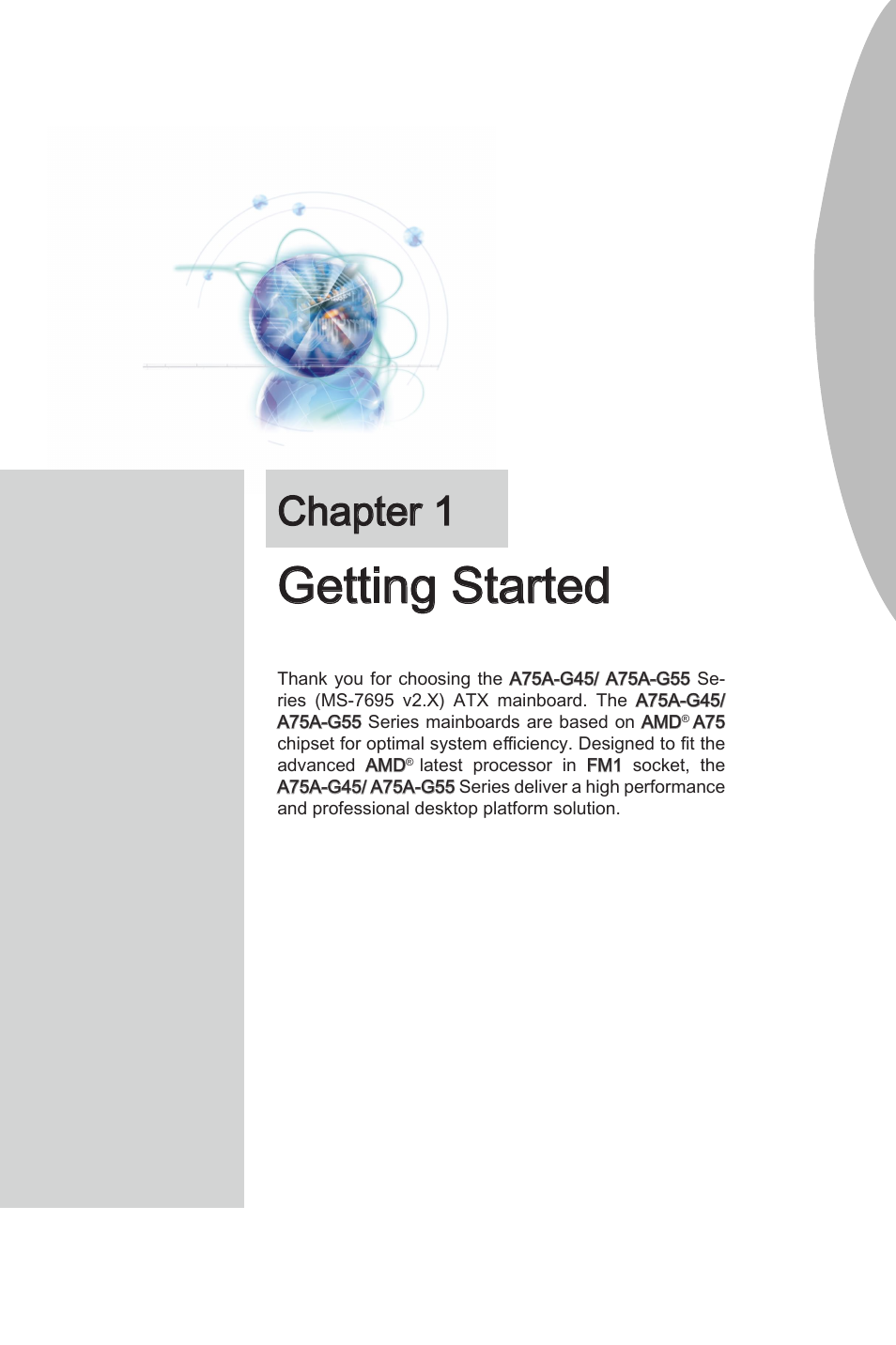 Chapter 1 gettng started -1, Gettng started, Chapter 1 | MSI A75A-G55 Manual User Manual | Page 11 / 72