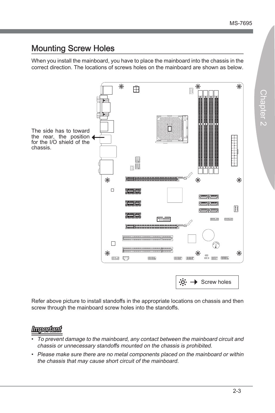 Mountng screw holes -3, Chapter 2 mountng screw holes, Important | MSI A75A-G55 Manual User Manual | Page 19 / 72