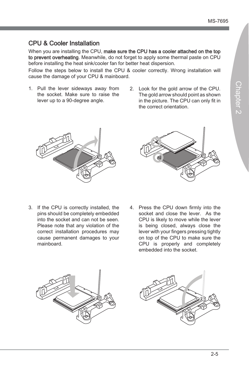 Chapter 2, Cpu & cooler installaton | MSI A75A-G55 Manual User Manual | Page 21 / 72