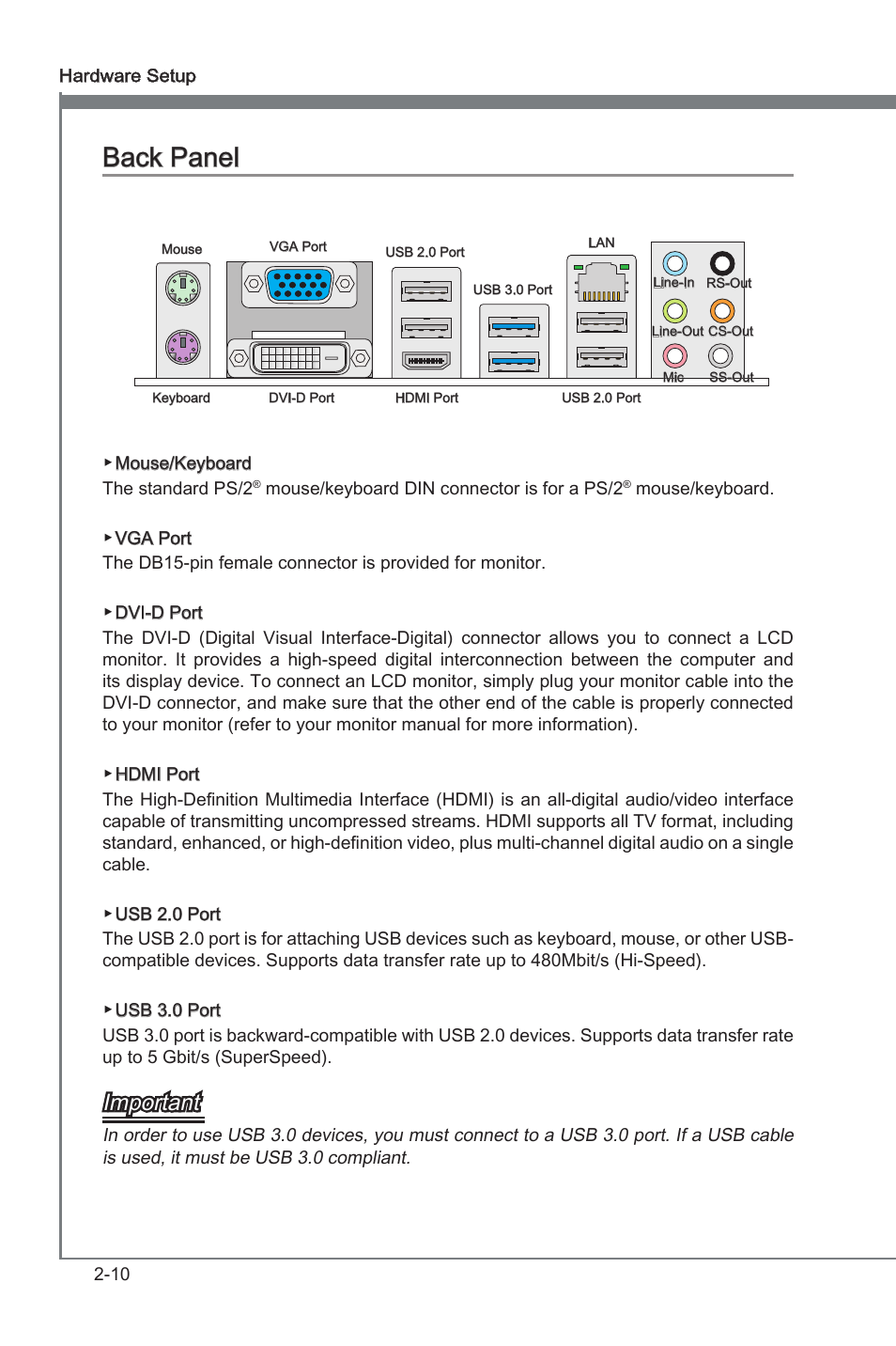 Back panel -10, Back panel, Important | MSI A75A-G55 Manual User Manual | Page 26 / 72