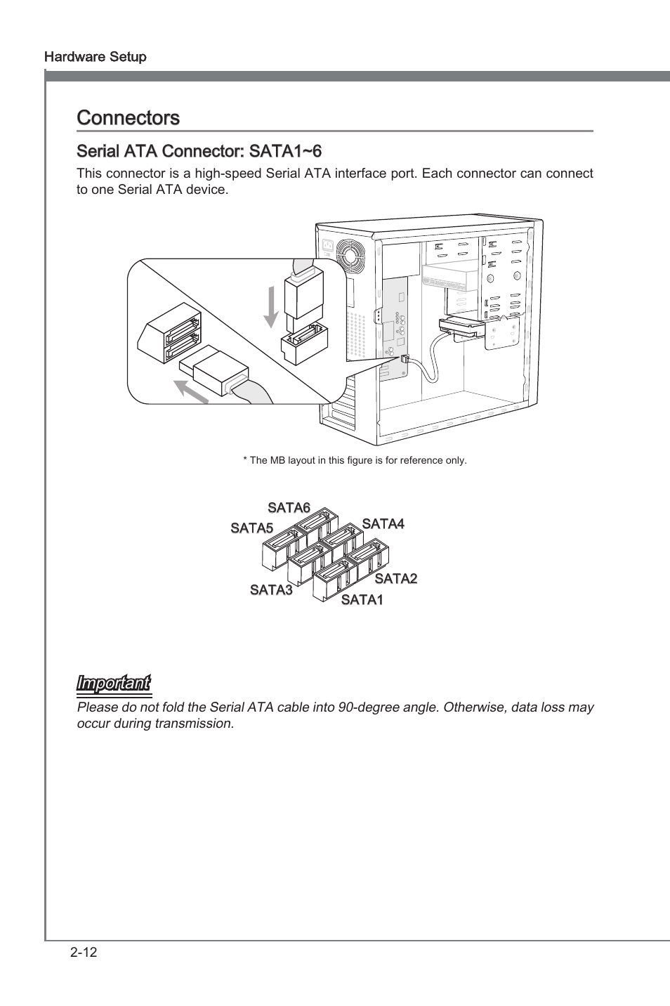 Connectors -12, Connectors, Seral ata connector: sata1~6 | Important | MSI A75A-G55 Manual User Manual | Page 28 / 72