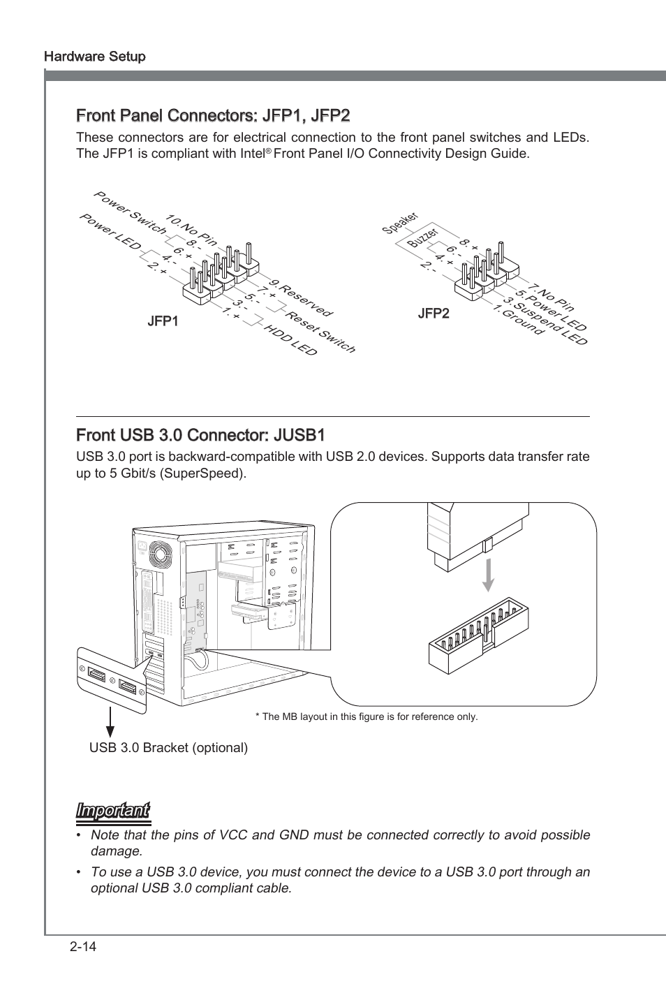 Front panel connectors: jfp1, jfp2, Front usb 3.0 connector: jusb1, Important | MSI A75A-G55 Manual User Manual | Page 30 / 72